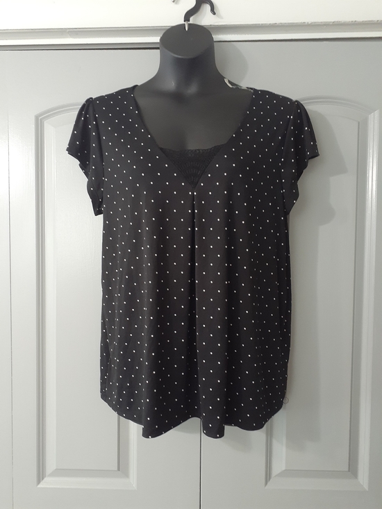 Apt. 9 Tops - Apt. 9 Black Top with White Dot Print and Lace Inset